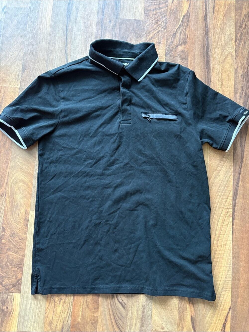 DKNY men’s Black Polo with White Contrast Trim and Zip Chest Pocket Size S